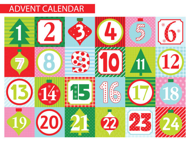 ilustraciones, imágenes clip art, dibujos animados e iconos de stock de colorido diseño del calendario de adviento de navidad - advent calendar advent christmas childhood