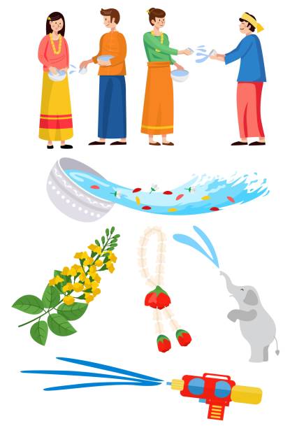 thingyan, бирманский новый год фестиваль, водный фестиваль в бирме, мужчины и женщины брызг воды. - thingyan stock illustrations
