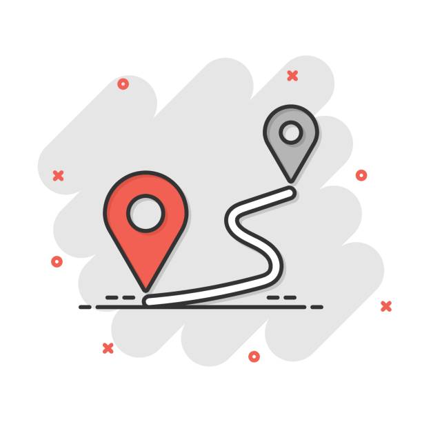 istock Distance pin icon in comic style. Gps navigation vector cartoon illustration on white isolated background. Communication travel business concept splash effect. 1310848972