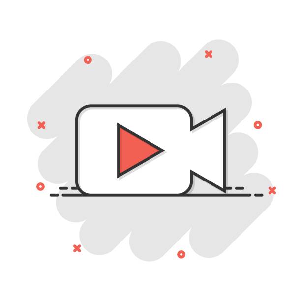 istock Video camera icon in comic style. Movie play vector cartoon illustration pictogram. Video streaming business concept splash effect. 1310849078