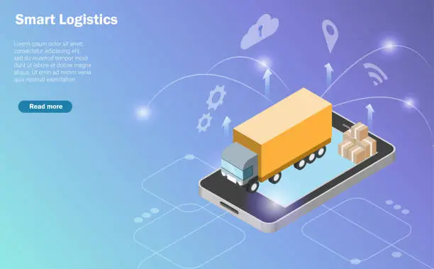 Vector illustration of Isometric global smart logistics. Truck and carton boxes on smartphone with virtual delivery icons. Logistics and supply chain distribution, transportation technology concept.