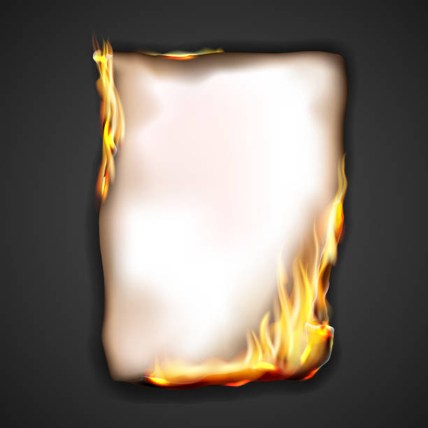 istock Paper burning in fire flame, realistic vector burnt paper with sparks on edge frame. Burning paper scroll or card on black background, note page or parchment sheet, igniting in fire flamesv 1310849294