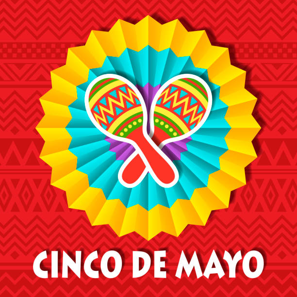 Join the Cinco De Mayo Fiesta held on 5 May with decoration of colorful party paper fan and Maracas on the red folk art pattern