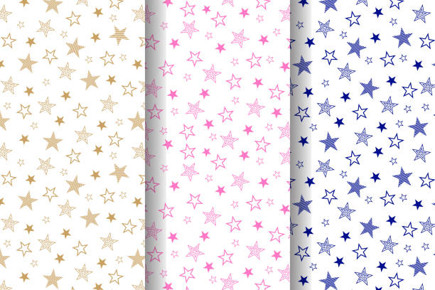istock Set of three Seamless pattern with set drawn stars. Vector Wallpaper gold, pink and blue stars on a white background. 1310852139