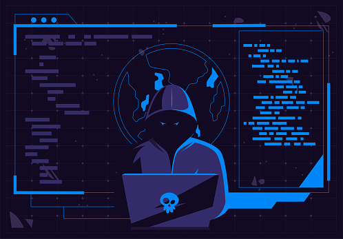 Vector illustration of a hacker man in a dark hood sitting at a laptop, a darknet user, a flat design of the Internet interface of the dark Internet