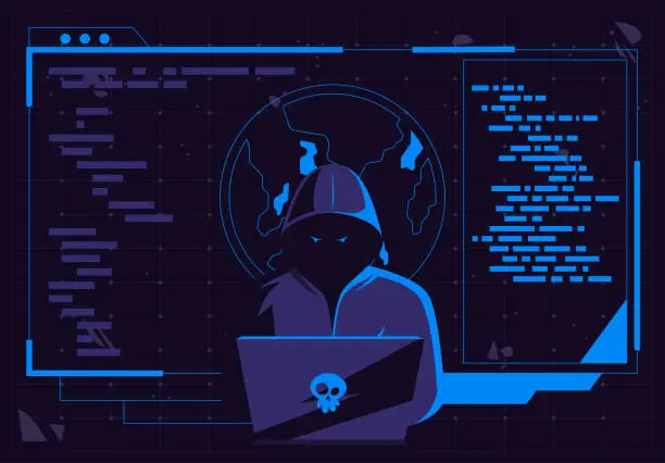 Vector illustration of Vector illustration of a hacker man in a dark hood sitting at a laptop, a darknet user, a flat design of the Internet interface of the dark Internet