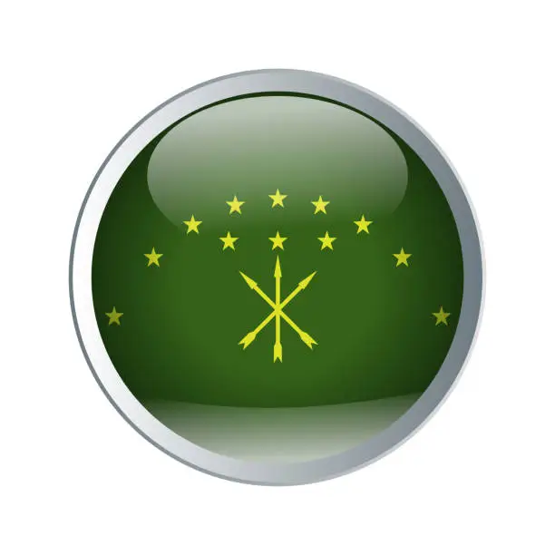 Vector illustration of Shiny and emboss Button with flag of Adigea. High detailed circle flag. Vector illustration.