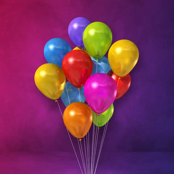 Colorful balloons bunch on a purple wall background. 3D illustration render