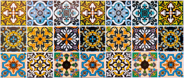 istock panoramic colorful ceramic tiles texture background. Panorama multicolor striped ceramic glazed tile morocco design style 1310860833