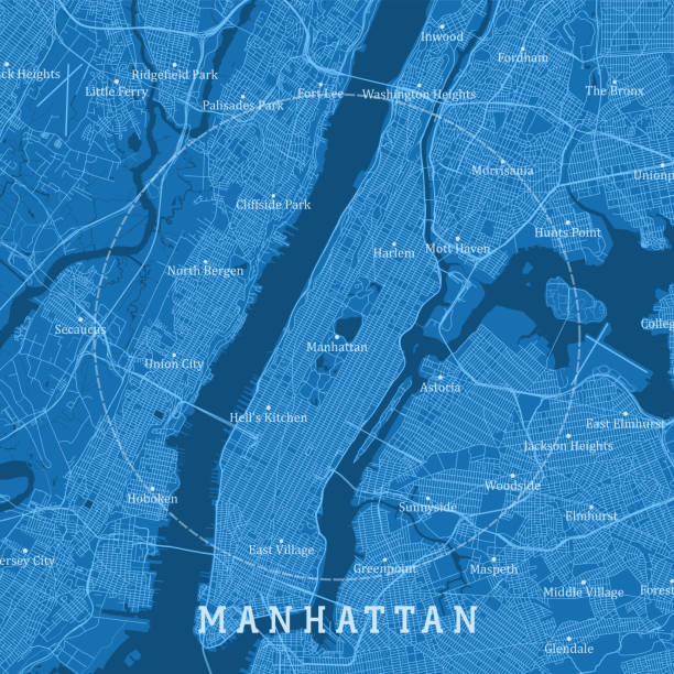 ilustrações de stock, clip art, desenhos animados e ícones de manhattan ny city vector road map blue text - east river illustrations