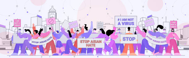 ilustrações de stock, clip art, desenhos animados e ícones de stop asian hate people holding banners against racism support people during coronavirus pandemic concept - anti racism