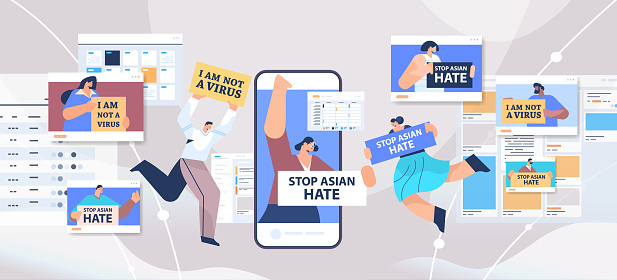 people holding text banners protesting against racism stop asian hate support during covid-19 pandemic concept horizontal vector illustration