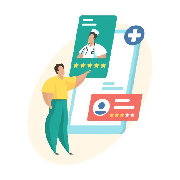 Vector illustration of Doctors rating and review. Online medical consultation. Patient evaluating doctor ranking. Flat vector illustration