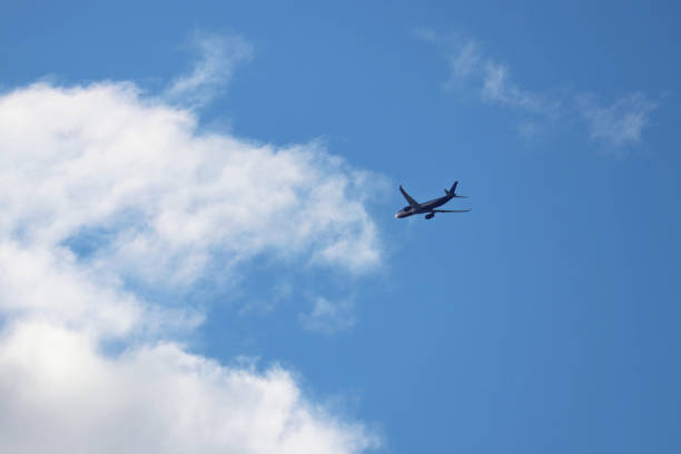 istock Airplane flying in the blue sky with clouds 1310864642