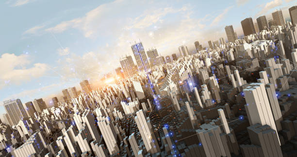 istock Modern Developed City Aerial Sky Covered With Digital Technology. 1310865888