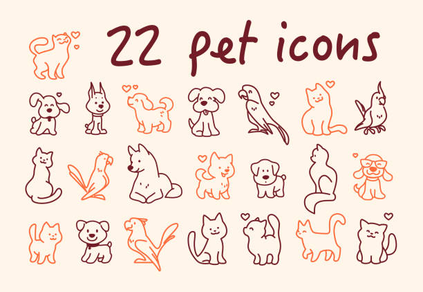 kolekcja uroczych ikon sztuki liniowej – postacie kotów, psów i papug izolowane na jasnym tle. - animal small pets cute stock illustrations