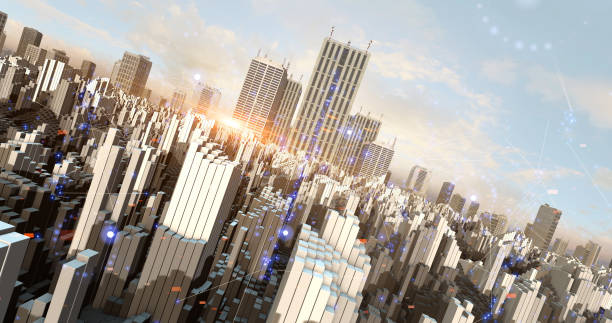 istock Modern Developed City Aerial Sky Covered With Digital Technology. 1310868064
