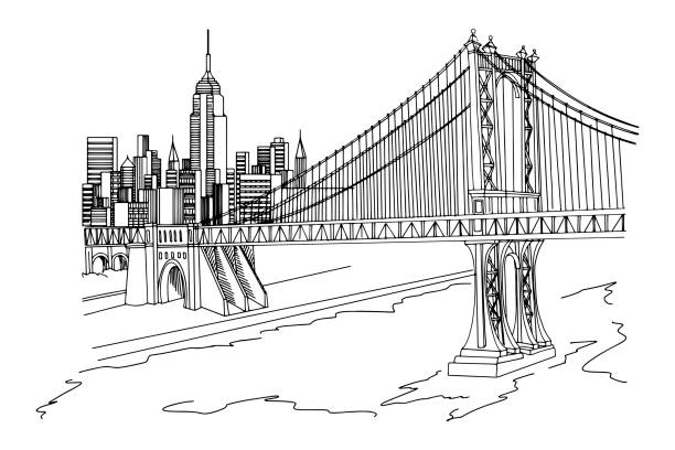 illustrazioni stock, clip art, cartoni animati e icone di tendenza di schizzo vettoriale di manhattan bridge, new york, usa. - new york city skyline silhouette manhattan