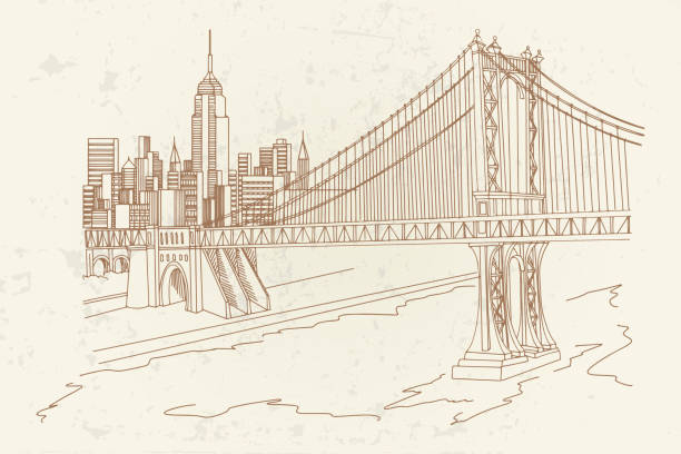 illustrazioni stock, clip art, cartoni animati e icone di tendenza di schizzo vettoriale di manhattan bridge, new york, usa. - new york city skyline silhouette manhattan