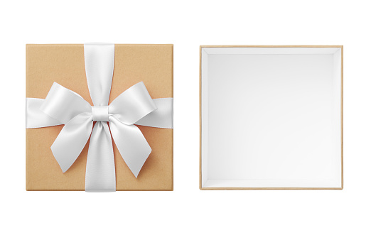 Gift box, open, cut out, directly above, white color, brown paper, wedding