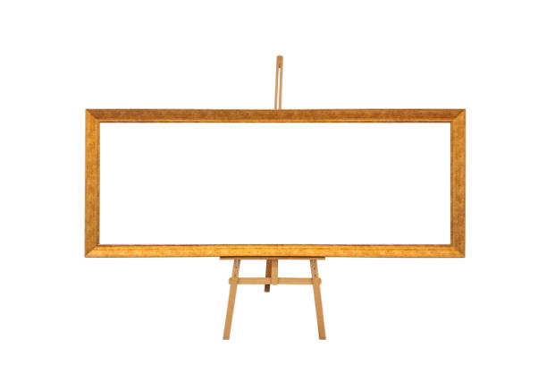 Old vintage picture frame on a wooden easel. Empty template.