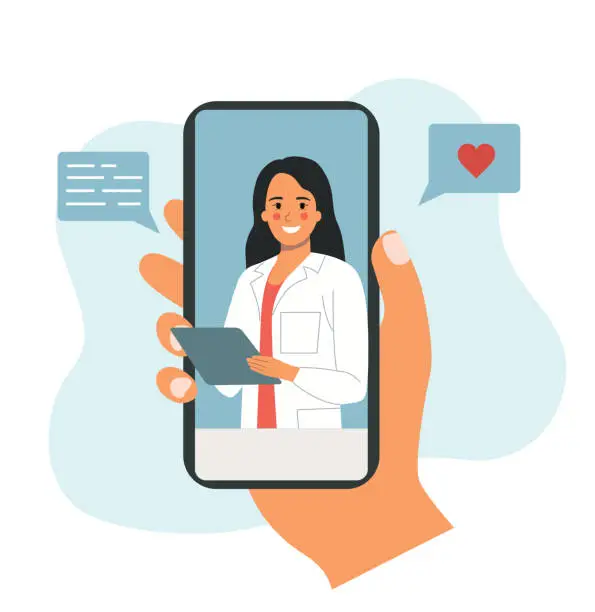 Vector illustration of Online doctor woman. Hand holding smartphone. Vector flat style cartoon  illustration.