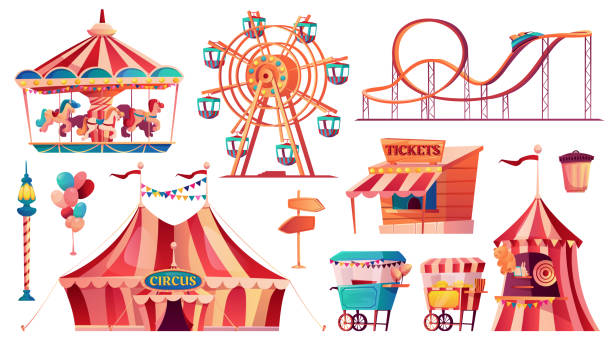 ilustraciones, imágenes clip art, dibujos animados e iconos de stock de conjunto de iconos del parque de atracciones. carpa de circo de carnaval vector, noria, montaña rusa, carrusel y cabina de algodón dulce, carritos de comida, galería de tiro, punteros de flechas, caja de entradas. globos y banderas - amusement park park fun playground