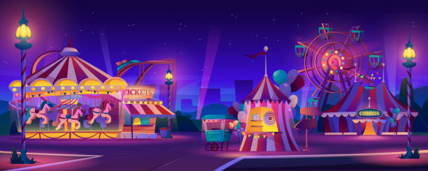 park rozrywki w nocy. wektor świąteczne atrakcje rozrywkowe. karnawałowy namiot cyrkowy, diabelski młyn, kolejka górska, karuzela i wata cukrowa, oświetlenie blasku. pejzaż miejski na tle - ferris wheel luna park amusement park carnival stock illustrations