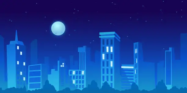 Vector illustration of Panorama city in distance at night. Vector cityscape with skyscrapers and family houses, skyline illuminated downtown architecture. Urban town metropolis, towers, business offices, evening background