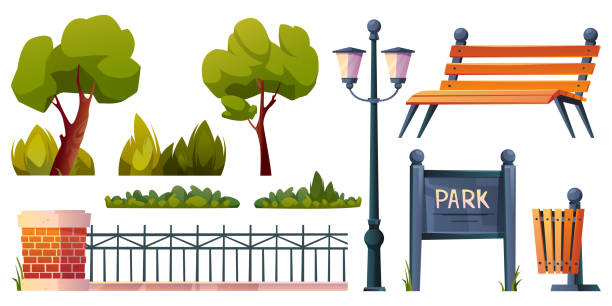 Park elements set isolated cartoon icons. Vector green trees, grass and bushes, street lamp and wooden bench, fence of forged metal and bricks, street waste litter bin and parkland notice board Park elements set isolated cartoon icons. Vector green trees, grass and bushes, street lamp and wooden bench, fence of forged metal and bricks, street waste litter bin and parkland notice board street light road sign old fashioned lantern stock illustrations