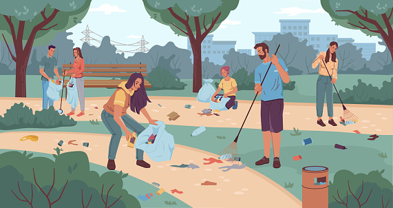 People volunteers cleaning up city park flat cartoon characters. Vector team of active adults and kids pickup rubbish into bags. Environment protection. Man woman collecting garbage together use rake