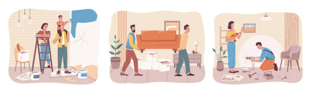 ilustrações de stock, clip art, desenhos animados e ícones de home repair services, professional workers flat cartoon people. vector family, child painting wall with roller. husband and wife glue wallpaper, guys move sofa furniture in room. ladder, fixing tools - family sofa vector illustration and painting