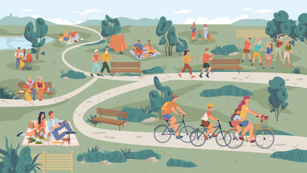 公園レジャーの屋外活動、家族のピクニック、夏休みの人々。ベンチに座って、芝生で遊んで自転車に乗って、物理的なスポーツ活動、老夫婦、プラムを持つ両親に座っているベクトルの人� - ピクニック イラスト点のイラスト素材／クリップアート素材／マンガ素材／アイコン素材