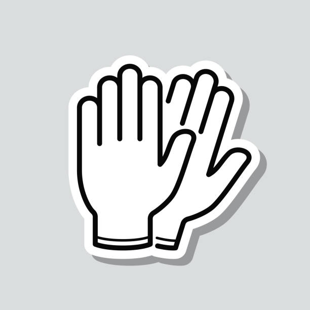 защитные резиновые перчатки. наклейка на иконке на сером фоне - hand in latex glove stock illustrations