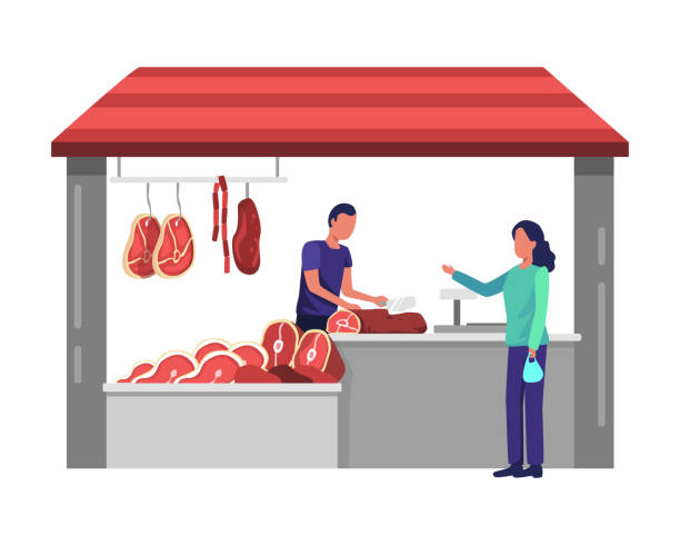 rzeźnik w sklepie - butchers shop meat sausage store stock illustrations