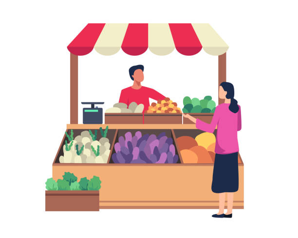 Local market sell vegetables and fruit Vegetable and fruit seller, Local farmer sell their crops. Market stalls business concept, Local market farmer shops. Vector illustration in a flat style market stall stock illustrations