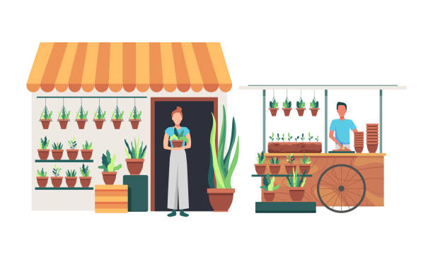 illustrazioni stock, clip art, cartoni animati e icone di tendenza di negozio di fiori e piante - florist flower shop store owner