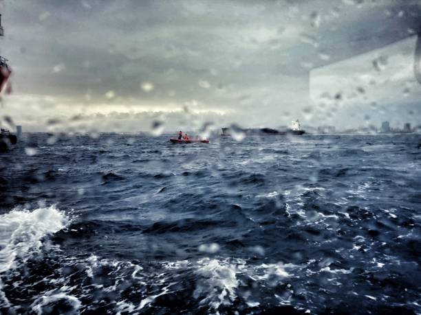 rescue boat view in rainy day