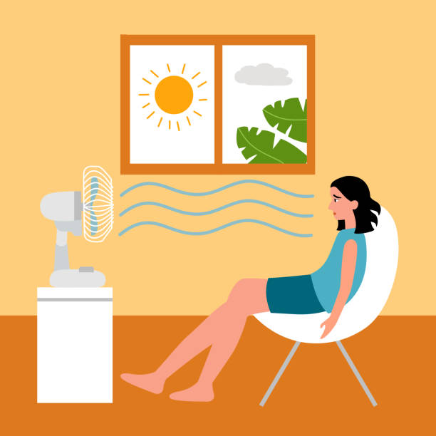 Woman sitting in her house in front of an electric fan. She exhausted of hot summer day. Sweaty and thirsty. Woman sitting in her house in front of an electric fan. She exhausted of hot summer day. Sweaty and thirsty. heatwave stock illustrations