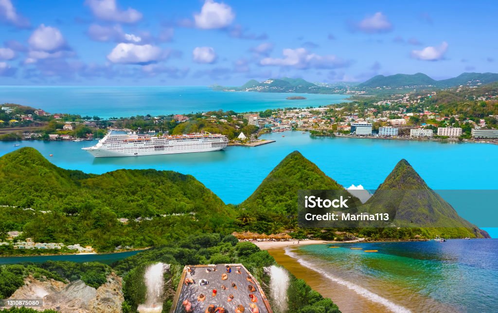 Beautiful Saint Lucia, Caribbean Islands The collage about beautiful beaches in Saint Lucia, Caribbean Islands Cruise Ship Stock Photo