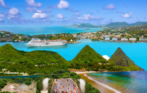 Beautiful Saint Lucia, Caribbean Islands The collage about beautiful beaches in Saint Lucia, Caribbean Islands passenger craft stock pictures, royalty-free photos & images