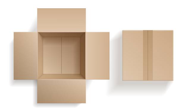 상단 보기 골판지 상자. 내부 및 상단 보기, 갈색 팩 모형, 배달 서비스 및 창고 개체 현실적인 빈 판지 컨테이너 내부 및 상단 보기, 닫힌 및 오픈 베이지 색 상자. 벡터 3d 격리 세트 - 상자 stock illustrations