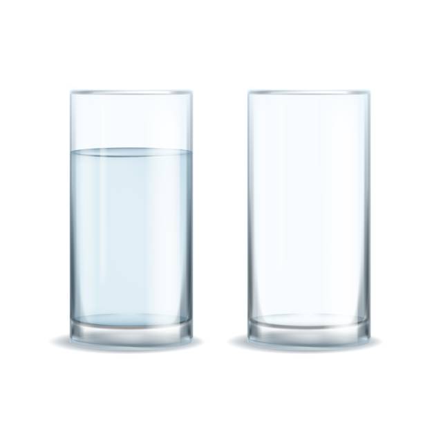 ilustrações de stock, clip art, desenhos animados e ícones de water glass realistic set. full and empty of clean mineral healthy pure aqua realistic glasses, beverage in transparent glassware, blank object for drinks. vector 3d isolated illustration - copo