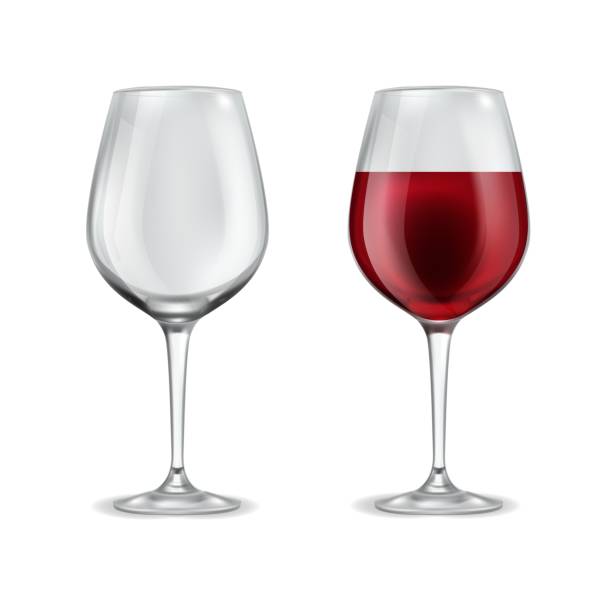 ilustrações de stock, clip art, desenhos animados e ícones de wine glass realistic. 3d empty glassware and with half filled red wine. alcoholic drink in elegant transparent wineglass. grape beverage winery collection vector isolated illustration - wineglass wine glass red wine