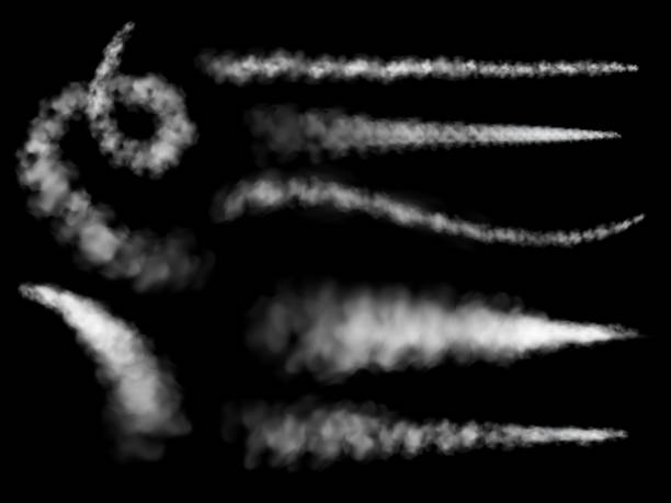 ilustraciones, imágenes clip art, dibujos animados e iconos de stock de avión de humo de trail. el avión blanco sigue el jet de despegue. misiles, transbordadores o naves espaciales contravienen, caída de cometas o meteoritos de vapor transparente. condensación de vapor. conjunto aislado vectorial realista - takeoff