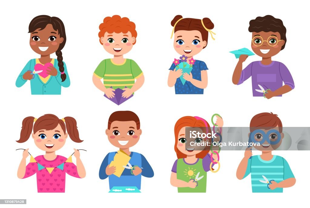 Kids Paper Craft Happy Creative Children Cut Colored Paper Make  Applications Bend Origami And Glue Flags And Chains Garlands Girls And Boys  With Art Works School Exhibition Vector Set Stock Illustration -