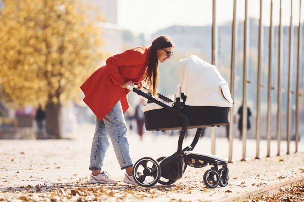 赤いコートを着た母親は、秋の時間に公園のプラムで彼女の子供と散歩を持っています - ベビーカー ストックフォトと画像