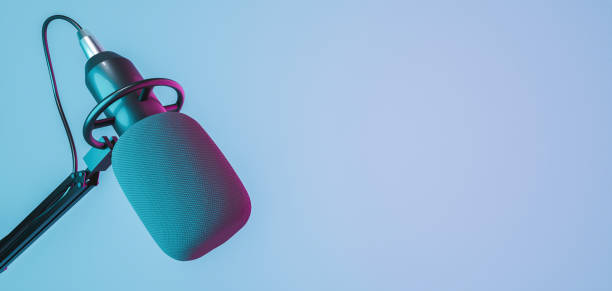 studio microphone banner with red and blue neon lights