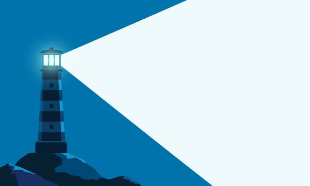 ilustrações de stock, clip art, desenhos animados e ícones de lighthouse tower with a ray of light. background with copy space - direction sea lighthouse landscape