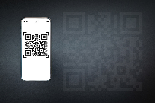 Qr code mobile. Digital mobile smart phone with qr code scanner on smartphone screen for online pay, scan barcode on black background. Qrcode payment, online shopping, cashless technology concept